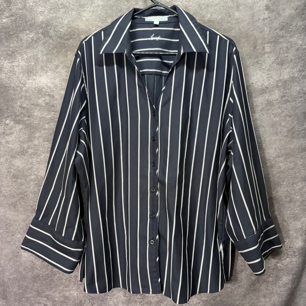 Foxcroft Navy White Striped Button Up Shirt Size 24W Wrinkle Free Shaped Fit
